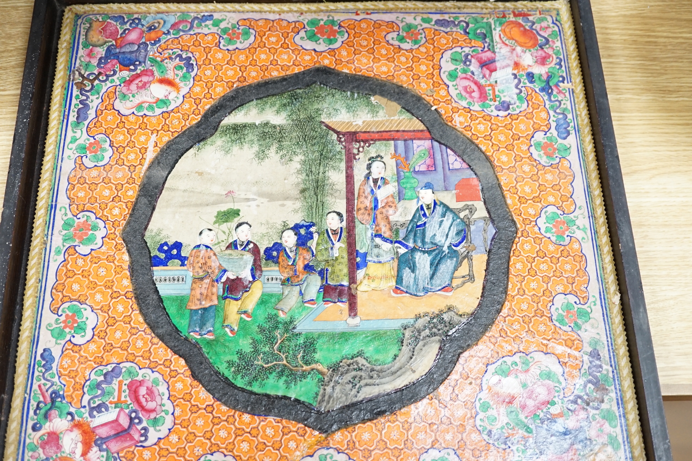A 19th century Chinese painted panel, in a lacquered box, box 48 x 48cm Ivory Submission reference UW85TZQU